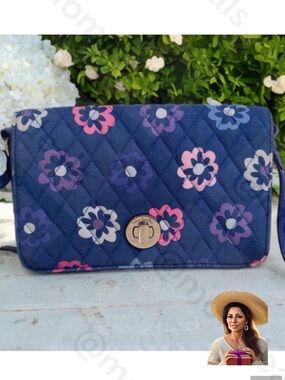 Vera Bradley Ellie Flowers Navy Quilted Floral Turn-Lock Crossbody Blue Purple